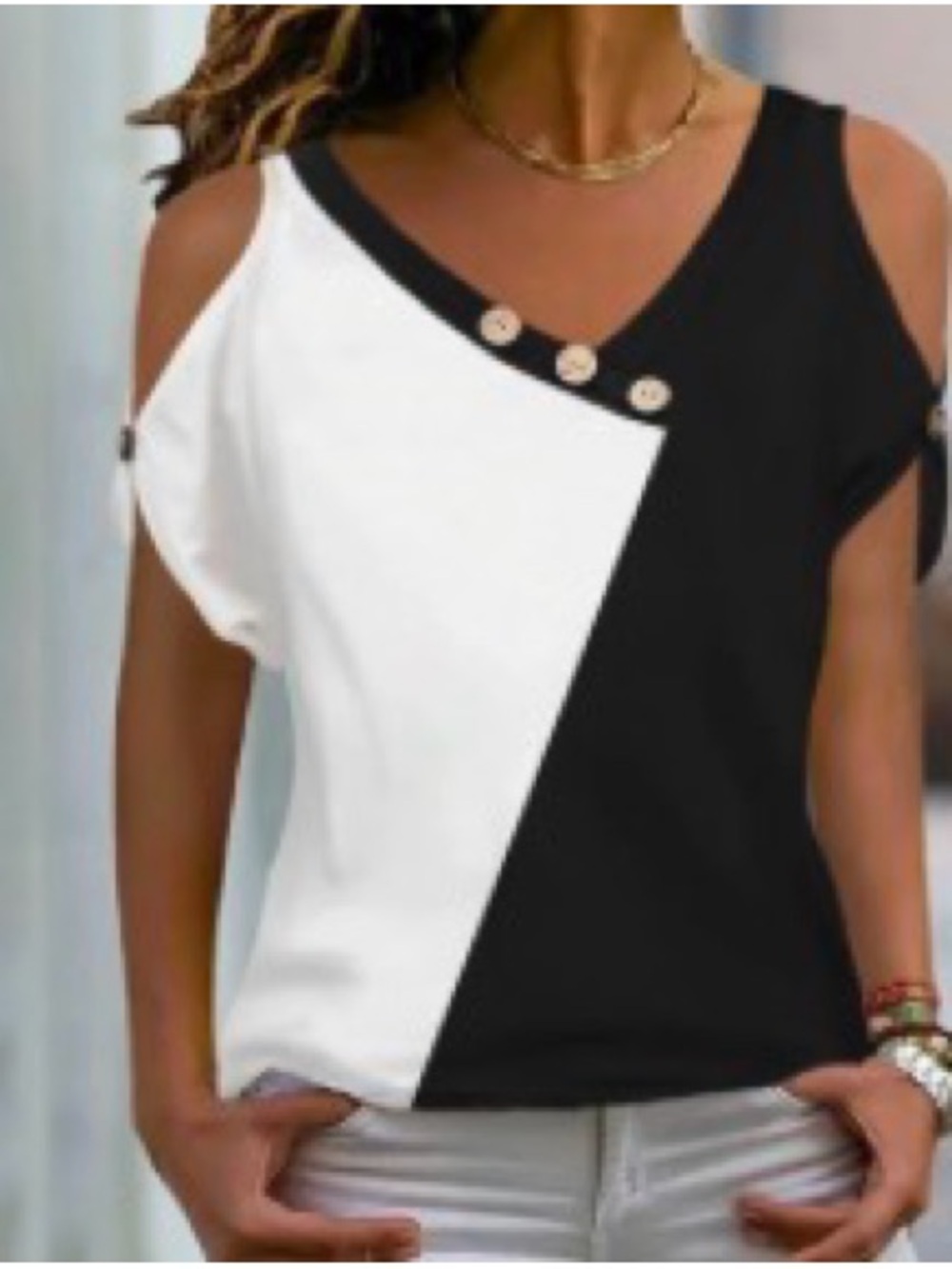 NWT Cold-Shoulder Black & White V-Neck Top